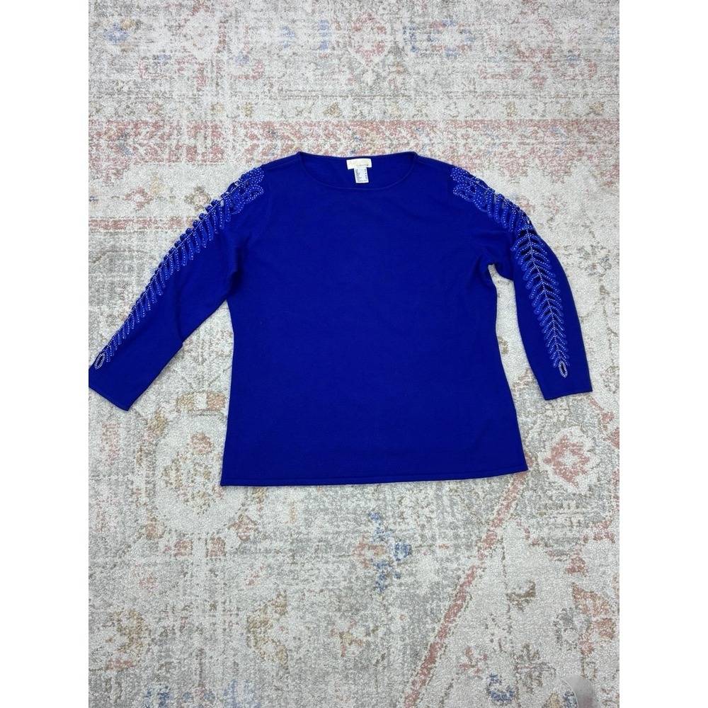 Alessa W. Collection Blue Sweater Blouse Embellished Cut Out Feather Sleeve 14